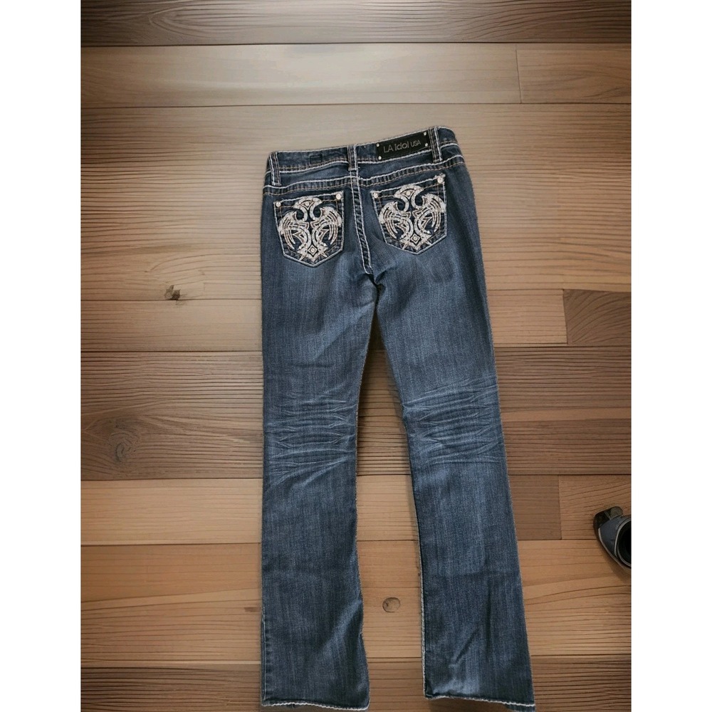 LA Idol Jeans Womens 7 30/34  Low Embellishe Rise Bootcut Dark‎ Wash  Distressed